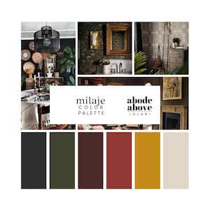 Milaje - Home-kleurenpalet | Kleurenschema voor het hele huis van Sherwin Williams | Verfstalen interieur | Zwart, rood, groen, goud, bruin