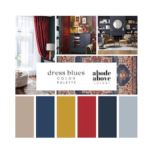 Robe bleue - Palette de couleurs pour la maison | Palette de couleurs pour toute la maison Sherwin Williams | Échantillons de peinture intérieure | Bleu marine, rouge, or, beige, marron