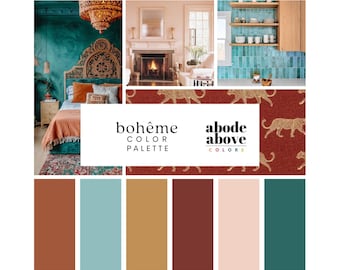 Bohême - Home Color Palette | Sherwin Williams Whole House Color Scheme | Interior Paint Swatches | Clay, Turquoise, Gold, Blush, Red
