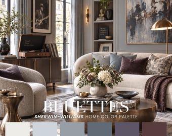 May include: A living room interior featuring a curved beige sofa, a round brass coffee table, and a record player on a wooden console. The text reads BLUETTES SHERWIN-WILLIAMS HOME COLOR PALETTE above six color swatches in white, blue, and brown tones.