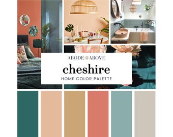Cheshire Home Color Palette | Sherwin Williams Mid-Century Modern Color Scheme | Paint Color Swatches | Coral, Gold, Teal, Pink, Gray