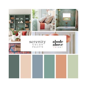 Serenity - Home Color Palette | Sherwin Williams Whole House Color Scheme | Interior Paint Swatches | Sage, Green, Coral, Blue, Peach