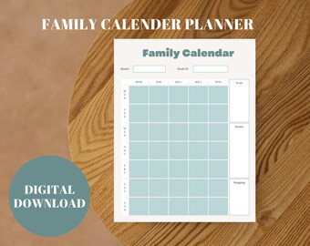 May include: A printable family calendar planner with a light blue background. The calendar has spaces for each day of the week, with columns for Mom, Dad, Kid 1, Kid 2, Pets, and To-do. There are also sections for Dinner and Shopping.