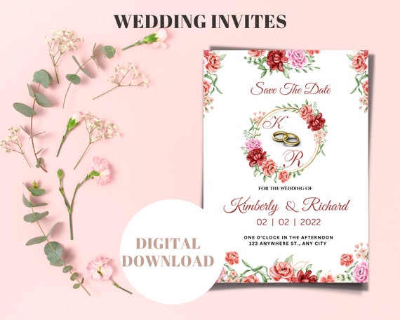 Artistic Wedding Save the Date Card, Printable Painted Floral Wedding  Invite, Colorful Modern Editable Wedding Invitation Suite 5x7 HLW09 