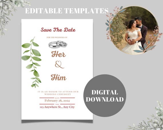 Eucalyptus Wedding Invitation Template Editable Greenery - Etsy