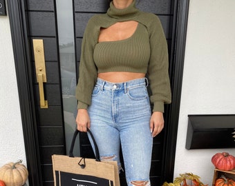 TURTLENECK CROP TOP Olive Two Piece Sweater Set | Women's Crop Top Sweater | Night Out Top