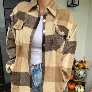 PLAID SHACKET | CHECKERED-Print Brown Oversize Shaket| Flannel Jacket
