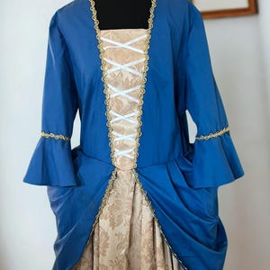 18th Century Colonial Rococo Gown – Blue & Gold – Size 12 – With Hip Panniers