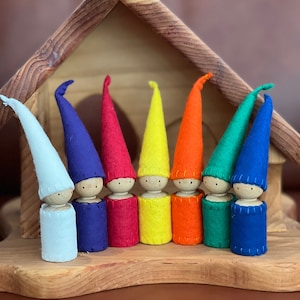 Waldorf Rainbow Days of the Week Gnomes | Wood Peg People Rhythm Gnome Set