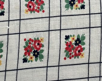 Vintage Feedsack Fabric • 36x44 Uncut • Red & Navy Floral Grid on White • 1940s Cotton Quilt Fabric • Charming Mid-Century Print