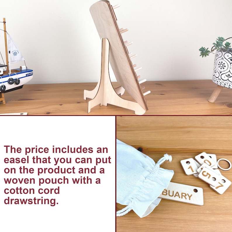May include: Wooden calendar with a white cotton pouch and wooden numbers and a month tag that says "BUARY". The calendar is on a wooden easel.