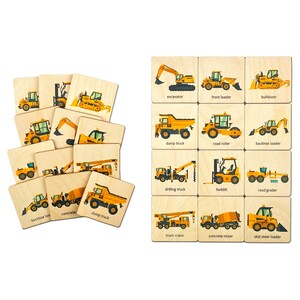 Jeu de mémoire de voiture de camion de construction en bois Montessori | Carte assortie pour tout-petit d'école maternelle préscolaire | Développe le jouet de motricité