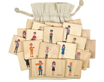 May include: A set of wooden cards featuring illustrations of different professions, such as a doctor, teacher, carpenter, and firefighter. Each card has the name of the profession written below the illustration.