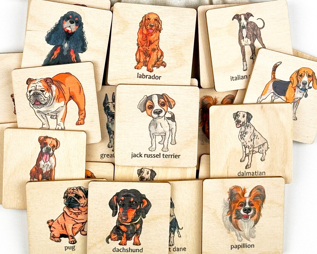 Montessori Wooden Dog Breeds Memory Game Dogs Matching Cards Etsy