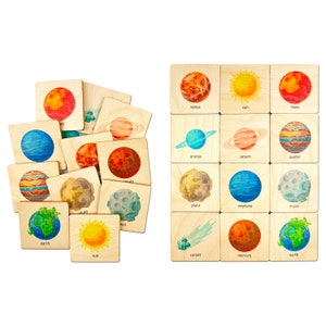 Jeu de mémoire spatial en bois, jouets Montessori, jeu d'association du système solaire spatial, cartes-éclair planètes, cadeau pour 1 2 3 4 ans, cadeau d'anniversaire pour garçon