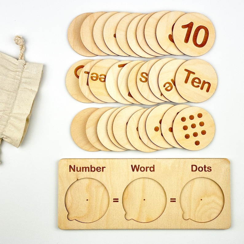 May include: Wooden learning set with 10 round pieces featuring numbers, words, and dots. The set includes a wooden board with three slots labeled "Number", "Word", and "Dots".