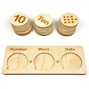 May include: Wooden learning toy with three sections labeled "Number", "Word", and "Dots". Each section has a cutout for a circular piece. The top of the image shows three stacks of wooden circles with the numbers "10", the word "Ten", and ten dots.
