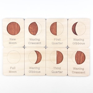 May include: Eight wooden cards with different phases of the moon illustrated on them. The cards are labeled with the names of each moon phase: New Moon, Waxing Crescent, First Quarter, Waxing Gibbous, Full Moon, Waning Gibbous, Third Quarter, and Waning Crescent.