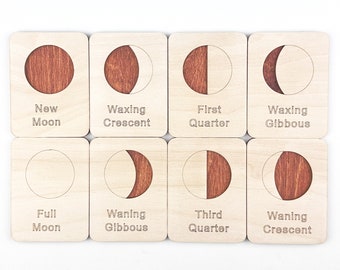 Wooden Lunar Phase Flashcard, Moon Learning Tools, Learning Moon, Sensory Toys, Educational Activity for Homeschool, Back to School