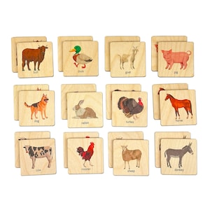 Jeu de mémoire animaux de la ferme en bois Montessori | Cartes assorties d'animaux Montessori | Cadeau de premier anniversaire | 1 2 3 4 ans | Cadeau de neveu