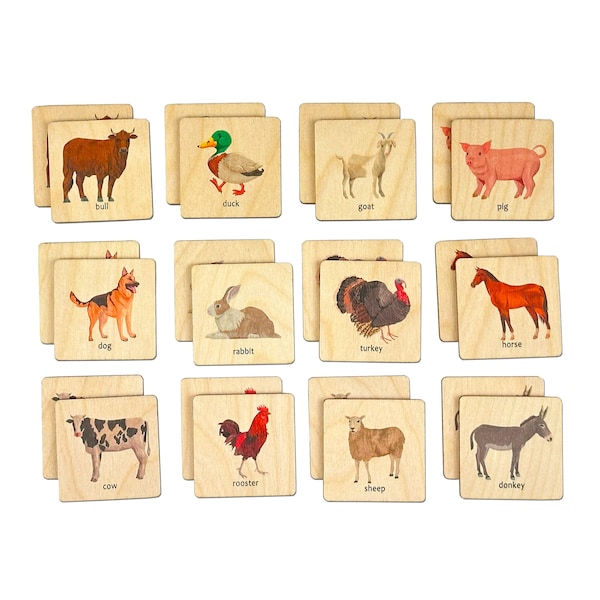 Montessori Wooden Farm Animals Memory Game | Montessori Animals Matching Cards | First Birthday Gift | 1 2 3 4 Year Old Gift | Nephew Gift
