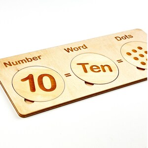 May include: Wooden learning tool with three sections labeled "Number", "Word", and "Dots". The number section shows the number "10", the word section shows the word "Ten", and the dots section shows ten dots.