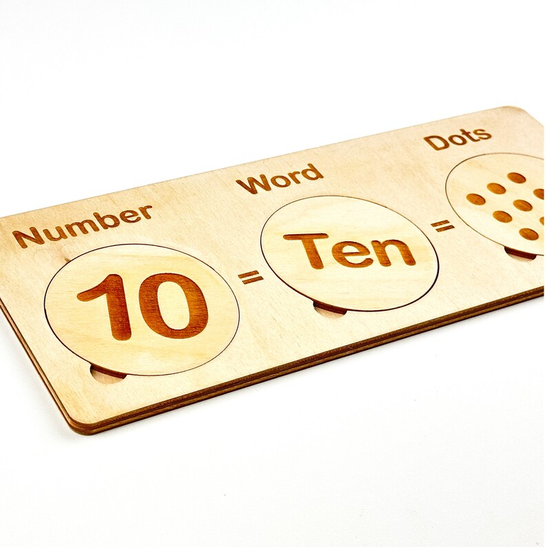 May include: Wooden learning tool with three sections labeled "Number", "Word", and "Dots". The number section shows the number "10", the word section shows the word "Ten", and the dots section shows ten dots.
