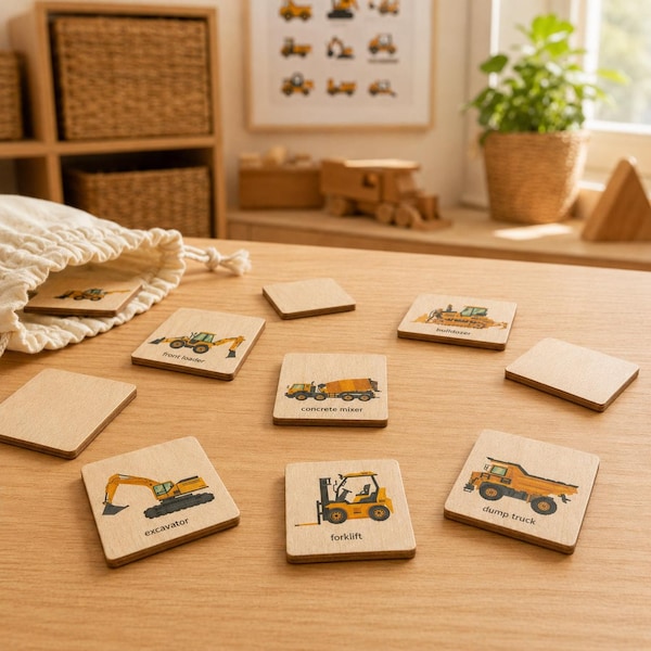 Montessori Wooden Construction Truck Car Memory Game | Homeschool Kindergarten Preschool Activity for Kid | Toddler Gift,  Stocking Stuffer