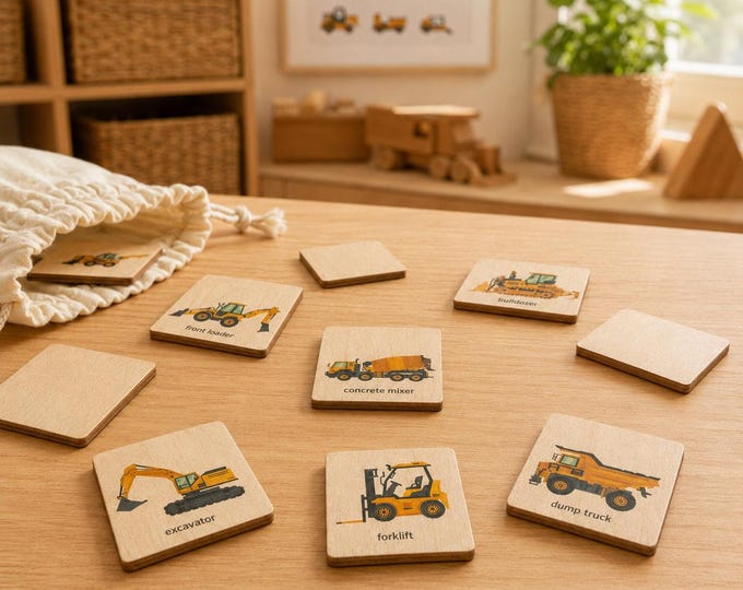 Montessori Wooden Construction Truck Car Memory Game | Homeschool Kindergarten Preschool Activity for Kid | Toddler Gift,  Stocking Stuffer