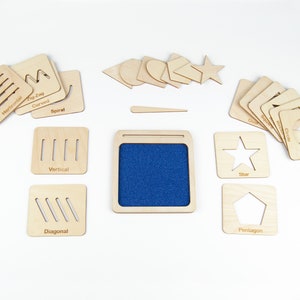 Montessori Wooden Geometric & Line Shapes with Sand Tray •   Homeschool Materials, Shape and Line Stencils for Kid • Learning Activity