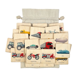 Véhicules de transport en bois Montessori - 2 jeu de mémoire | Véhicules Cartes flash assorties | Jouets éducatifs | Cadeau de premier anniversaire | Cadeau de neveu