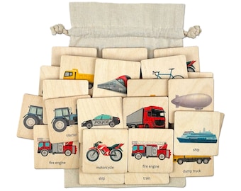 Montessori Wooden Transport Vehicles - 2 Memory Game | Vehicles Matching Flash Cards | Educational Toys | First Birthday Gift | Nephew Gift