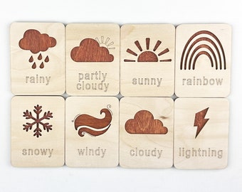 Wooden Montessori Weather Flash Cards, Flash Cards for Toddlers and Preschoolers, Weather Learning Materiel, Homeschool Montessori Materials