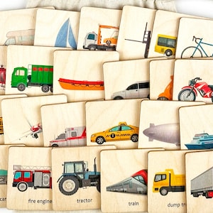 Transport Vehicles Flash Cards, Montessori Learning Preschool Flashcards, Cartes Flash de lecture en bois pour tout-petits, Cadeau pour petit-fils