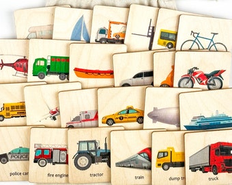 Transport Vehicles Flash Cards, Montessori Learning Preschool Flashcards, Wooden Reading Flash Cards for Toddler, Gift for Grandson