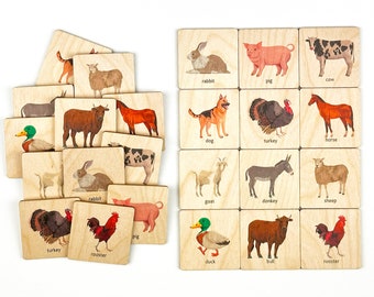 Wooden Farm Animals Memory Game, 1 2 3 4 Year Old Montessori Materials, Toddler Gift, Baby Shower Gift, Nephew Gift, First Birthday Gift