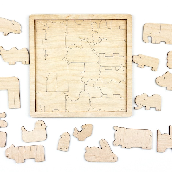 Wooden Animal Jigsaw Puzzle, Preschool Educational Activity for Kids, Wooden Animal Figure,  Montessori Animal Blocks, Animals Learning Game