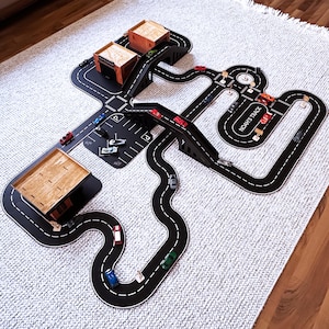Wooden Car Track Playset with Garages, Gas Station, and Bridge – 1/64 Scale for Hot Wheels, Matchbox, Halloween and Christmas gift Idea