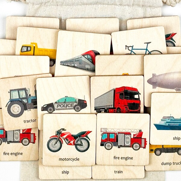 Montessori Wooden Transport Vehicles - 2 Memory Game | Vehicles Matching Flash Cards | Educational Toys | First Birthday Gift | Nephew Gift