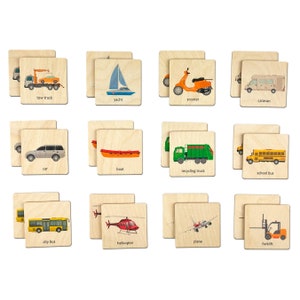 Véhicules de transport en bois Montessori - 1 jeu de mémoire | Cartes flash assorties pour bébé | Jouets éducatifs pour tout-petits | Cadeau de premier anniversaire