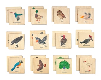 Juego de memoria Montessori de pájaros de madera, materiales
