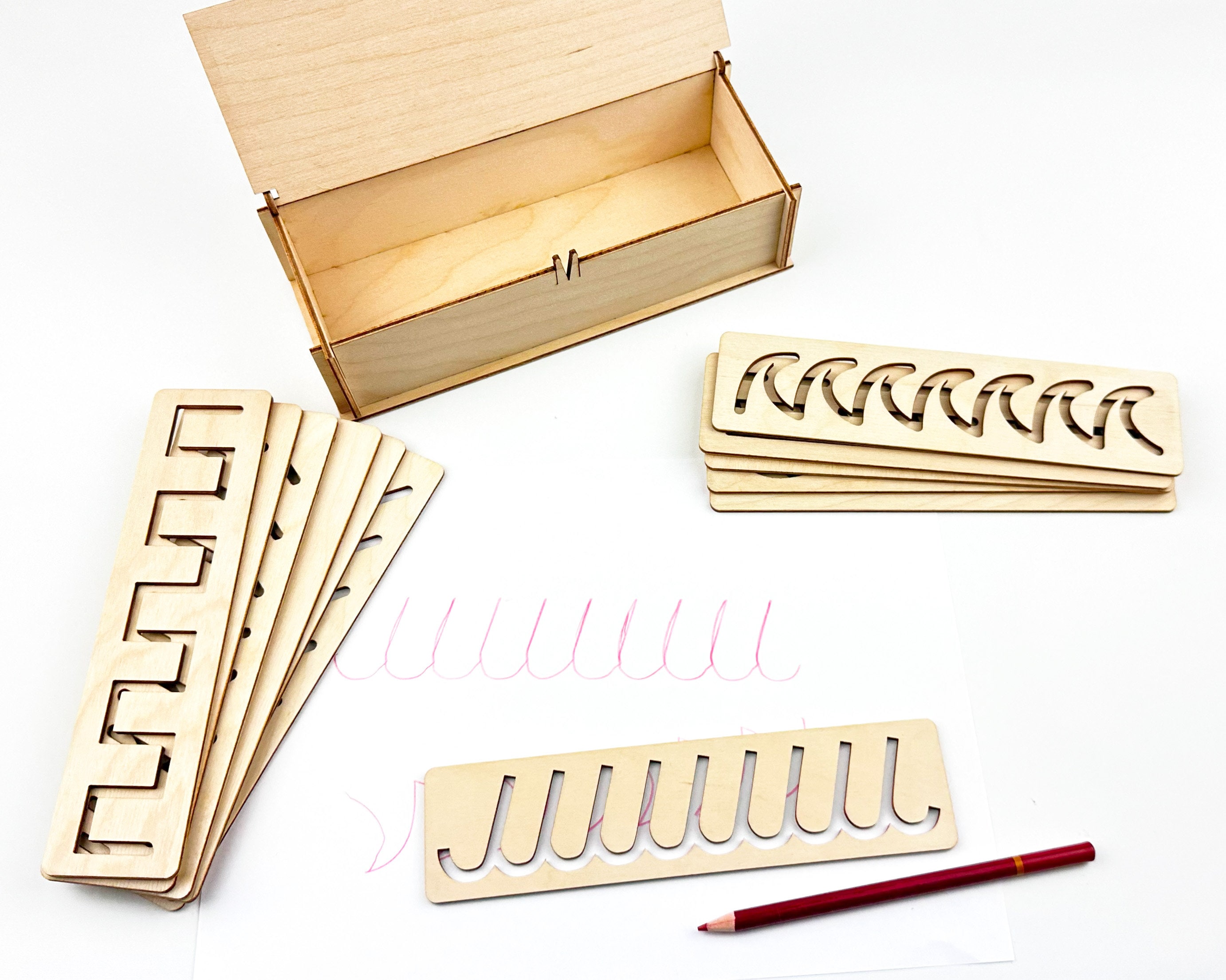 Montessori Stencils Set, Writing Skills Wooden Stencil Set, Preschool Homeschool Types of Line Stencils, Handwriting Patterns,Back to School