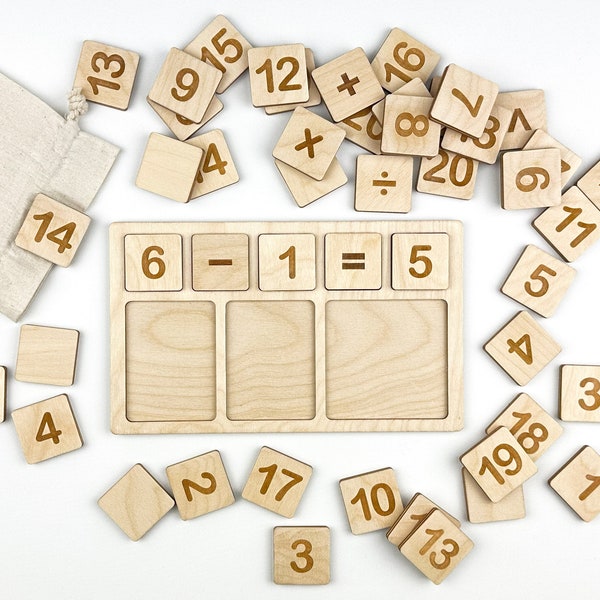 Wooden Maths Board with Numbers and Symbols, Addition and Subtraction Learning, Wood Math Manipulative, Homeschool Resources, Back to School