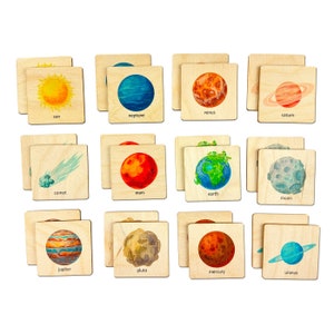 Jeu de mémoire du système solaire spatial en bois Montessori | École à la maison, enfant d'âge préscolaire, maternelle, activité sur les cartes-éclair des planètes | Carte mémoire pour les tout-petits