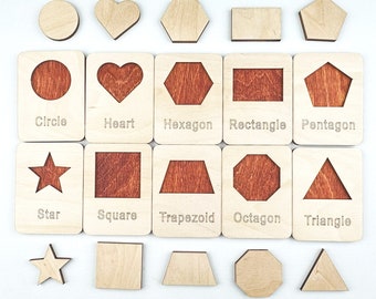 Wooden Shapes Flash Cards, Set of Geometric Shapes and Names on Sturdy Wood Cards, Toddler Shape Cards, Homeschool Supplies, Shape puzzle
