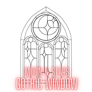 Könnte beinhalten: Schwarz-weiß-Zeichnung eines gotischen Fensters mit einem Halbmond und Sternen im Glasmalereidesign. Der Text "MOON & STARS GOTHIC WINDOW" befindet sich unter dem Fenster.