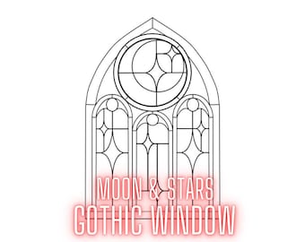 Puede incluir: Dibujo en blanco y negro de una ventana gótica con una luna creciente y estrellas en el diseño de vidriera. El texto "MOON & STARS GOTHIC WINDOW" está debajo de la ventana.