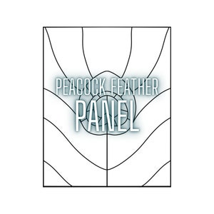 Pode incluir: Desenho de linha preto e branco de um design de pena de pavão. O texto "PEACOCK FEATHER PANEL" está no centro do design.