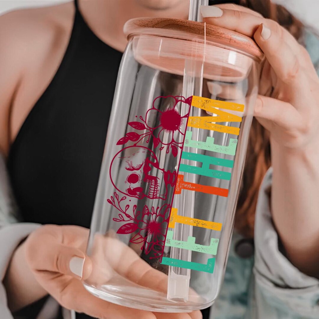 Artisan Sipper Glass, 16oz With Floral Design, Eco-friendly Drinkware ...