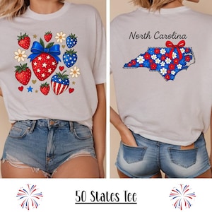 CAROLINE DU NORD, mignon t-shirt doux unisexe 50 États, chemise graphique carte des États-Unis, conception avant et arrière de tous les États, cadeau fierté de l'État, t-shirt carte de l'Amérique